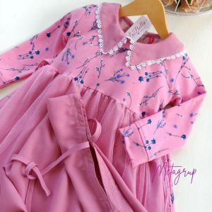 METAGRUP GAMIS ANAK LABELLA DENARA LUCU DENARA MOTIF BUNGA KECIL ROK TUTU SOFT TULLE  NAVI ABU PINK UNGU 3 4 5 6 7 8 9 10 tahun set bergo tali