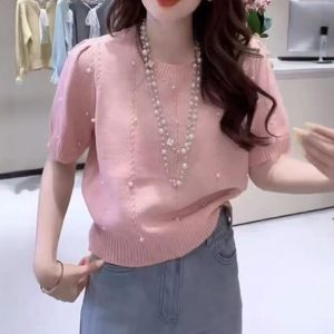 Slim Fit Short Sleeve Womens Knitwear Soft Korean Style Summer New Arrival Thin Sweater Gentle Unique Top round Neck Solid Color