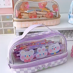 Large Capacity Pencil Case Double Layer Student Stationery Organizer Bag with Zipper Closure Bekas Pensel