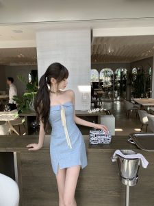Summer Blue Purple Butterfly Knot Tie Shoulder Dress High Waist Sling Polyester Short Skirt No Sleeve Invisible Zipper Pure Color