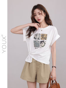 YOUXIANG | Áo Thun Tay Ngắn Cổ Tròn In Hình Thiết Kế Mới Mùa Hè Màu Trắng
