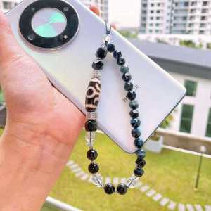 📿📱贵人天珠 + 蓝虎眼 + 黑玛瑙方块 + 彩黑曜石 手机链  Benefactor Dzi Bead + Blue Tiger Eye + Black Agate Cube + Rainbow Obsidian Phone Charm  ｜招贵人 ✦ 沉稳护身 ✦ 平衡情绪 ✦ 能量守护｜