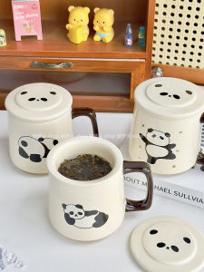 Cute Creative Ceramic Panda Tea Cup with Lid Office Use Tea Water Separation Mugs Cartoon Style High Temperature Firing