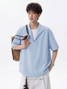 V37 | Relaxed Style American Two-in-One Short Sleeve Shirt Blue