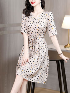 Fashionable Silk Blend Womens Dress Summer New round Neck Tie Slimming  Silk Polka Dot Skirt Korean Style Commute