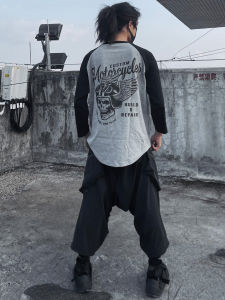 Retro American Ameika Japaneese Style Motorcycle Shoulder Insert Seven Sleeve Color Block Pure Cotton Mens Loose Trendy T-Shirt