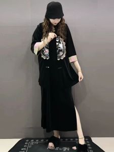 Spring Autumn 2024 New Vintage Velvet plus Size Slimming Long Split Dress Vest Set Womens Fashion Commute Style V-neck A-line Skirt