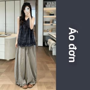 QINWEIYU | Bộ Đồ Thời Trang Áo Gile Carô Quần Ống Rộng
