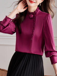 Elegant Satin Long Sleeve Shirt Womens Autumn Fashion New French Style Wooden Edge Collar Stand up Slimming Top