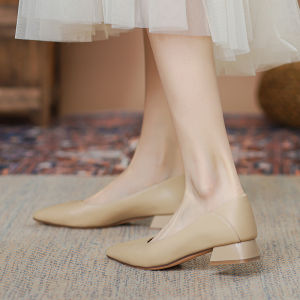 Leather Pointed Toe High Heels Women Low Heel Comfortable Shoes Spring New Style Summer Soft Leather Not Tired Foot Single Shoes