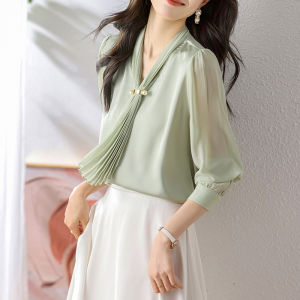 High-end French Designed Pleated Belted Acid Satin Blouse