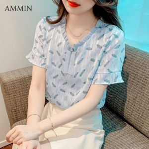 AMMIN เสื้อยืดคอกลมเย็บ ขอบแต่งระบายกดใหม่ พร้อมริบบิ้นลูก ปัดแขนสั้นใสพิมพ์ ขนนกหรูหรา เสื้อชีฟ องผู้หญิง สไตล์เกาหลี เสื้อพิมพ์ดอกไม้สวยงาม โรแมนติก