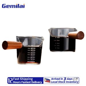 Gemilai Italian style glass measuring cup with wooden handle heat-resistant glass cup milk pot espresso glass measuring cup