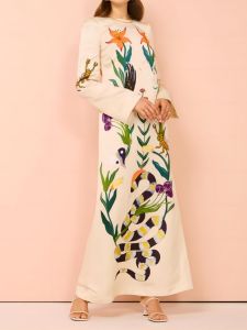 ผู้หญิงพิมพ์ลายสัตว์แนวสตรีทเดรสยาวแคชวลท่อนแขนยาว