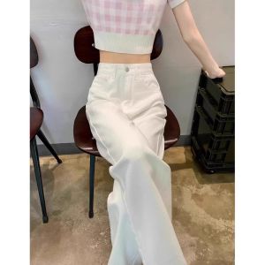 Quần Jeans Ống Rộng Màu Trắng Cho Nữ Quần Ống Thẳng Cạp Cao Quần Dài Mùa Hè 2025 Quần Dài Ôm Dáng Cạp Cao Thường Ngày