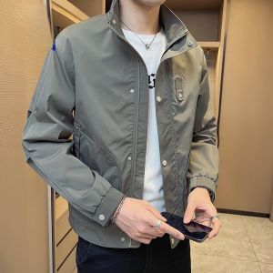ROMON | Lormen Mens Short Casual Stand Collar Jacket Windproof Spring Autumn Fashion Urban Style Polyester Fiber Long Sleeve Zipper Coat
