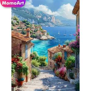 Momoart Diamond Painting Street Seaside DIY Full Square Diamond Mosaic Town Landscape Picture Rhinestone Home Decor