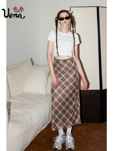 Lace Trim Bow Plaid Mesh Split Skirt for Women