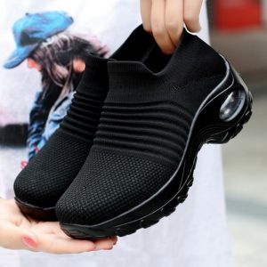 Women Korean Style Comfort Slip On Sneskers Fashion Breathable Thick Sole Casual Black Rubber Shoes For Women On Sale