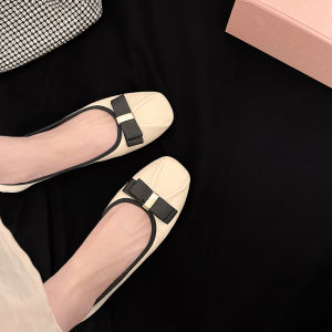 Genuine Leather Butterfly Knot Flat Bottom Ballet Shoes Womens French Evening Light Mouth Single Shoes Slip-On Flats