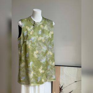YUFUQING | เสื้อกั๊กแขนกุดพิมพ์ลายดอกไม้สีเขียวสไตล์จีนย้อนยุคสำหรับผู้หญิงในช่วงฤดูร้อน เสื้อตัวบนทรงหลวมเอวสูง ผ้าโพลีเอสเตอร์ 100%