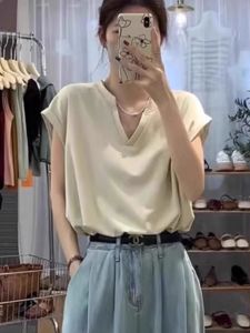 chaqi | Áo thun cổ chữ V tay ngắn màu đào dáng rộng phong cách Mỹ cổ điển dành cho nữ mùa hè Áo thun cotton thoáng khí