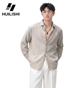 HLS&Huilishi Minimalist Light Taupe Linen Textured Long Sleeve Shirt for Men Loose Fit Lightweight Casual Vacation Button Down Top