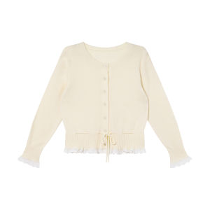 Lace Splicing Drawstring Knitted Cardigan Slim Fitting
