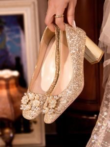 Square Toe Chunky Heel High Heels for Women 2024 New Arrival Crystal Wedding Shoes Xiuhe Wedding Dress Two-Way Wear Pregnant Women Not Tired Feet Bride