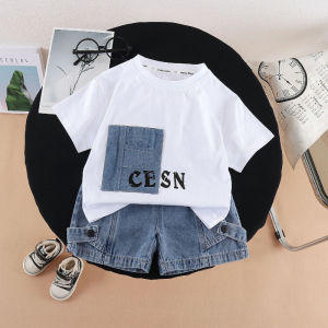 New Summer Fashion Baby Boys Clothes Suit ChildrenPocket Patch T-shirt+ Denim Shorts 2Pcs/Set Toddler Clothing Kids Tracksuits