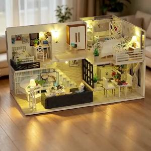 Kmoist | DIY Wooden Forest Cabin Kit 3D Puzzle Doll house Assembly Model with LED Light Desktop Decor Birthday Gift for Adults Teens 14+