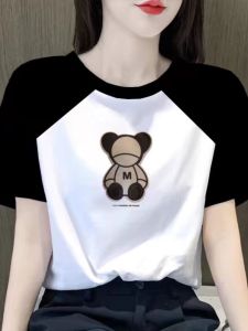 Korean Style Splice Color Pure Cotton Short Sleeve T-Shirt Women Summer Fashion Shoulder Insert Design Slimming Versatile Top