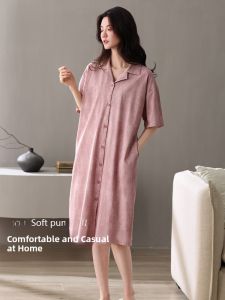 MiiOW | Pure Cotton Short Sleeve Sleep Dress Womens Loose Fit Cardigan Style Home Wear Summer Casual Comfortable Breathable Dress