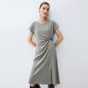 AMII | Summer Simple Professional Solid Air Layer Round Neck Fitted Mid-length Stretchy Dress