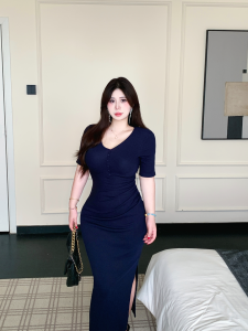 Bbabes Summer New Style Spicy Girl Dress High Waist Short Sleeve V-Neck Slim Fit Long Split Skirt Bodycon Dress for Young Women