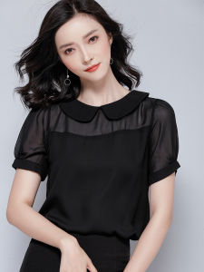 เสื้อเชิ้ตผ้าชีฟองแขนสั้นสีดำสำหรับผู้หญิง คอตุ๊กตา ทรงหลวม สไตล์เกาหลี ผ้าไนลอนผสมโพลีเอสเตอร์ ปกโปโล ฤดูร้อน 2021