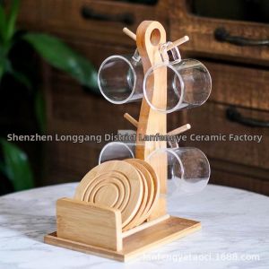 Creative Bamboo Plate and Stand Ceramic Coffee Cup Set 6 Pieces