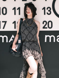 Retro Print Irregular Neck Slit Dress
