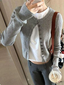 เสื้อคาร์ดิแกนถักสีเทา ทรงเข้ารูป แขนยาว คอกลม ทรงสั้น แฟชั่นฤดูใบไม้ผลิและฤดูใบไม้ร่วง สำหรับผู้หญิง