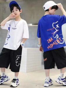 Boys Summer Short Sleeve Cotton Two-Piece Set Stylish Casual Korean Version Mid-Large Children Fashionable Clothing Ensemble