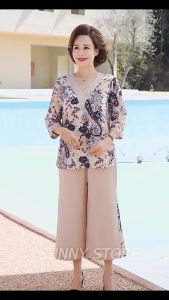 Bộ quần áo trυng niên Bộ Trυng Niên Lụa Mango cổ tim phối ren Món quà dành tặng cho mẹ ý nghĩa