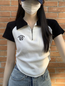 Black White Splice Half Zip Polo Neck Short Sleeve T Shirt Women Design Sense Pleated Arc Bottom Short Style Top