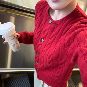 Y6Y | Red Cable Knit Sweater Coat Slouchy Slim Fit