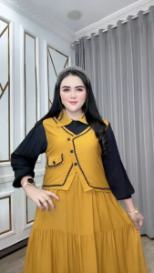 Dress Tarina Rompi Katun Rayon Twill Ld 110 Pb 120cm Busui Lengan Panjang Kra Leher Tali Pinggang