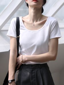 Áo Thun Cotton Tay Ngắn Màu Trắng Cổ Tròn Ôm Vừa Vặn Cho Nữ Thiết Kế Cổ Thấp Màu Đen Thường Ngày Mùa Hè