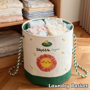 Laundry Basket with Drawstring Cover Kids Toys Clothes Organizer Collapsible Storage Basket for Nursery Baby Hamper Lion Embroidered