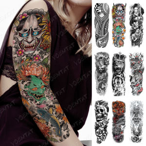 1Pcs Large Full Arm Sleeve Waterproof Fake Temporary Tattoo Sticker Dragon Tiger Skull Prajna Cross Body Art Tattoos Men Women