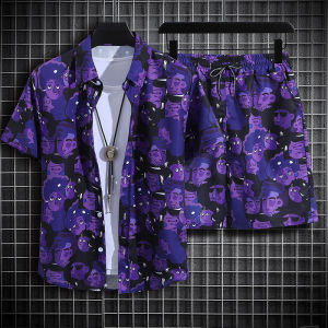 Summer Ice Silk Set for Men and Women Quick Dry Short Sleeve Shirt with Floral Details Beach Couple Two-Piece Suit Shorts