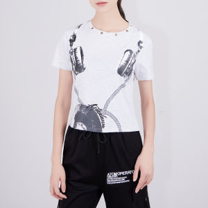 เสื้อยืดคอกลมแขนสั้นผู้หญิงทรงสลิมฟิตพิมพ์ลายสไตล์สปอร์ตสไตล์แจ๊สฤดูร้อน 100% คอตตอน เสื้อผ้าทำงาน แฟชั่น