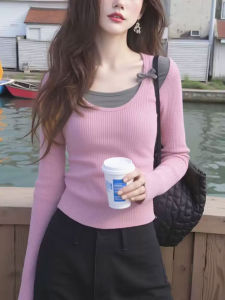 Unique Early Autumn Sweet Spicy Color Block Slim Fit Knitted Base Shirt Womens Design Long Sleeve Top Korean Style Commute Fashion